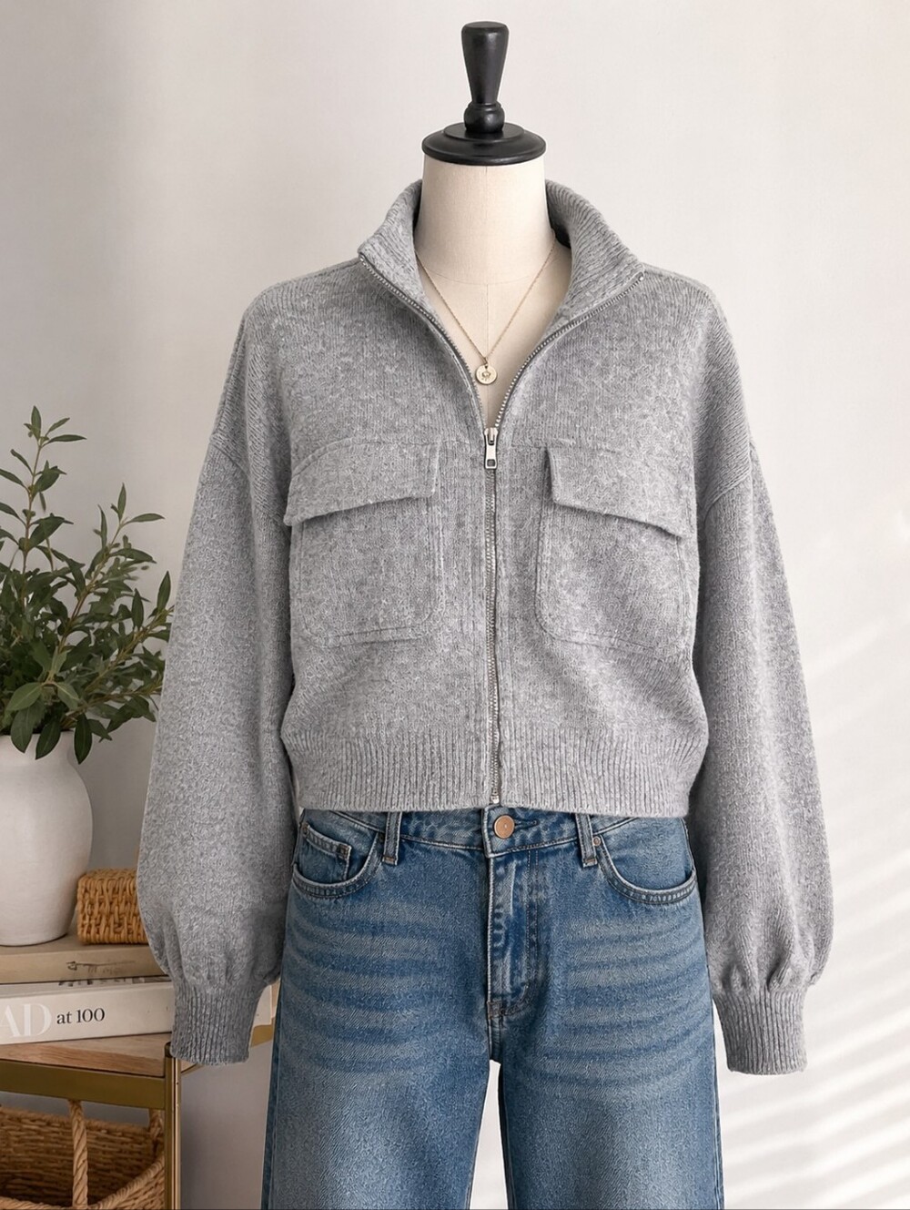Aerie Gray Ribbed Cropped Zip Up Jacket Sweater Sz M